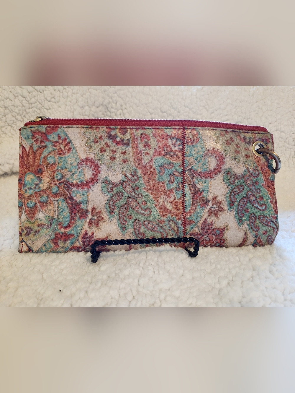 Hobo Paisley Pattern Zip Clutch In Teal, Coral & Cream